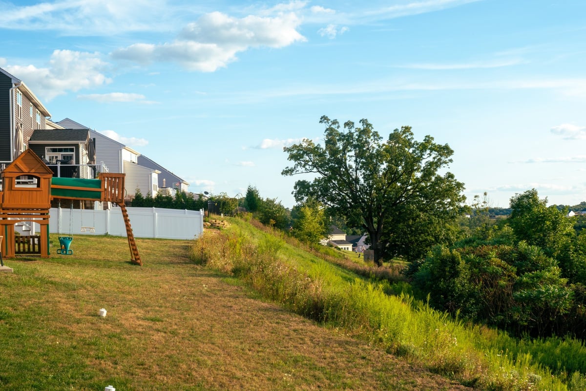 A backyard playset in a residential neighborhood